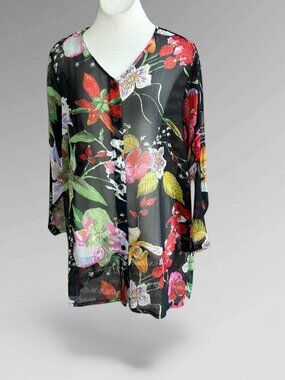 Main Street Sheer Tunic Blouse Orchid Hawaiian Floral Size 1X
